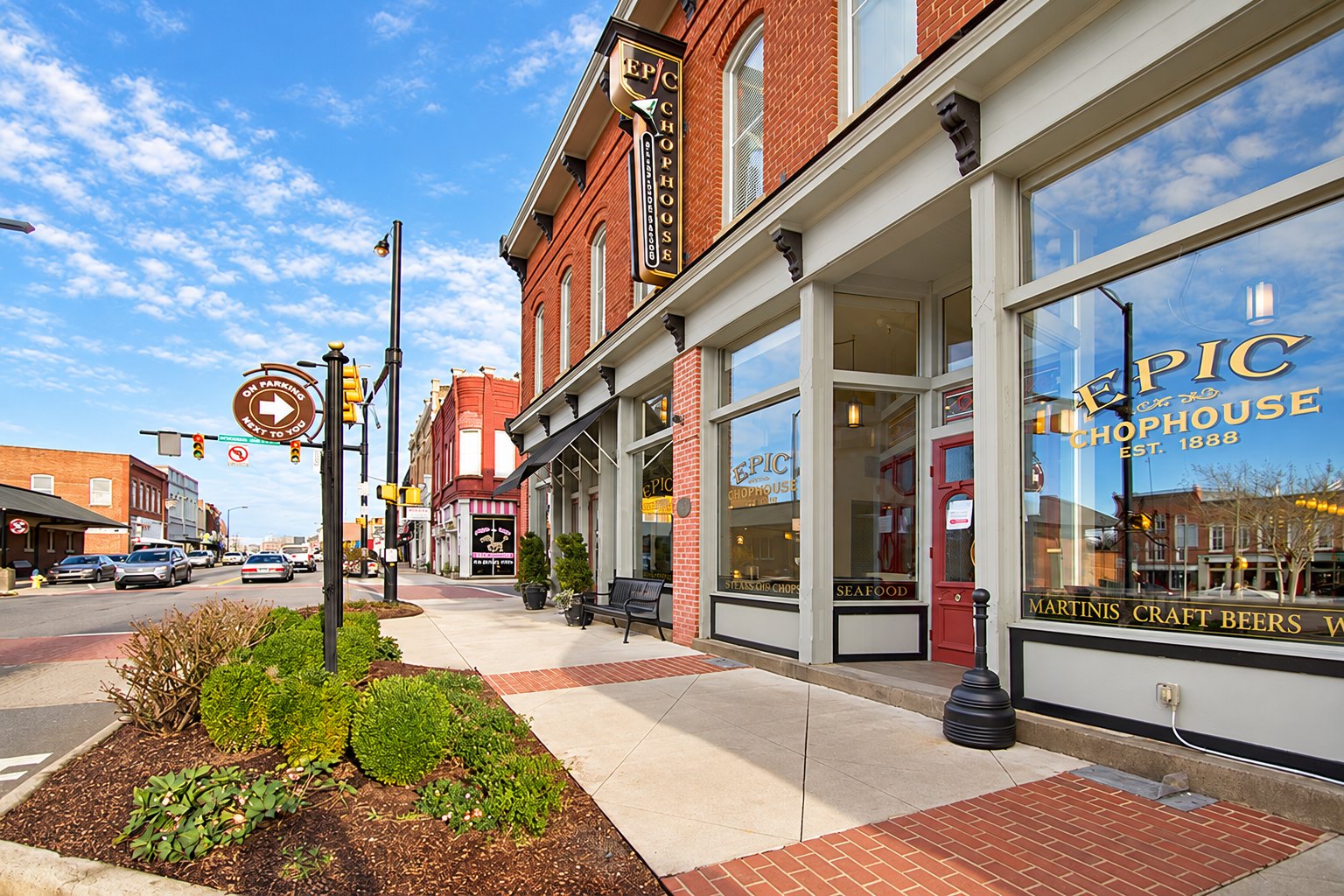 Historic red-brick storefronts on Main Street in downtown Mooresville, NC